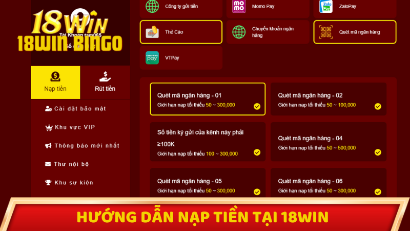 Hướng dẫn nạp tiền 18win